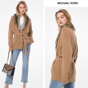 Michael Kors Faux Fur Collar Belted Cardigan